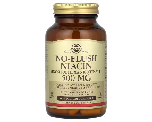 Ниацин, No-Flush Niacin, Solgar, не вызывающий покраснения, 500 мг, 100 капсул