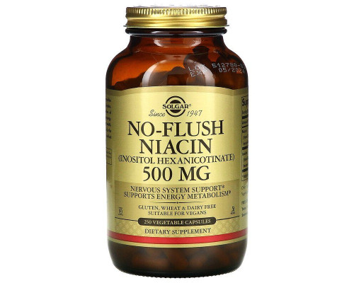 Ниацин, No-Flush Niacin, Solgar, не вызывающий покраснений, 500 мг, 250 вегетарианских капсул