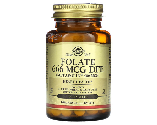 Фолат, Folate, Solgar, фолиевая кислота в форме метилфолата, 666 мкг ДФЭ, 100 таблеток