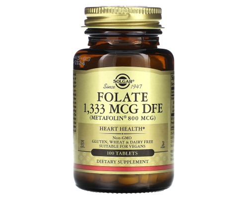 Фолиевая кислота, Folate, Solgar, фолат, 1333 мкг DFE (800 мкг), 100 таблеток