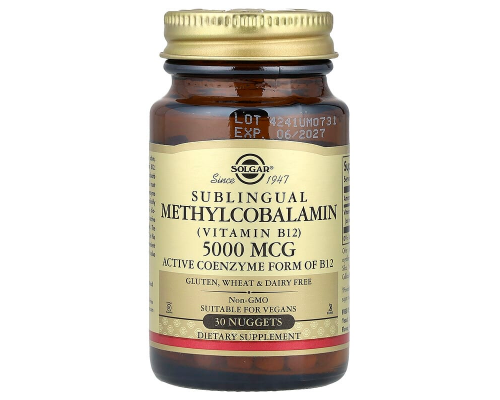 Вітамін В12 (метилкобаламін), Vitamin B12, Solgar, сублінгвальний, 5000 мкг, 30 таблеток
