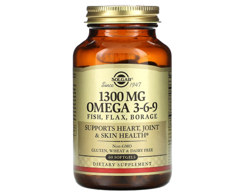 Омега 3-6-9, Omega 3-6-9, Solgar, 1300 мг, 60 гелевых капсул