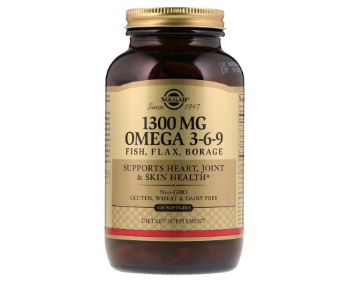 Омега 3-6-9, Omega 3-6-9, Solgar, 1300 мг, 120 гелевых капсул