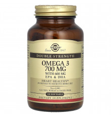 Омега-3, рыбий жир, Omega-3, EPA & DHA, Solgar, двойная сила, 700 мг, 60 гелевых капсул