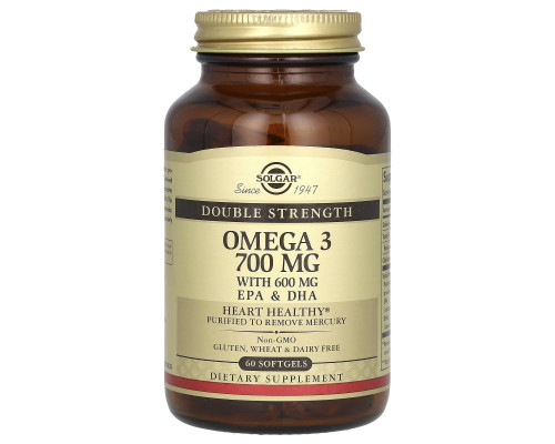 Омега-3, рыбий жир, Omega-3, EPA & DHA, Solgar, двойная сила, 700 мг, 60 гелевых капсул