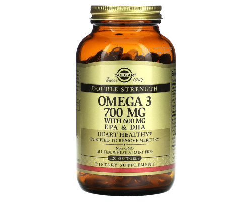 Омега-3, рыбий жир, Omega-3, EPA & DHA, Solgar, двойная сила, 700 мг, 120 гелевых капсул