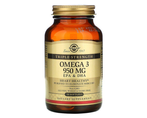 Омега-3, рыбий жир, Omega-3, EPA & DHA, Solgar, тройная сила, 950 мг, 50 гелевых капсул