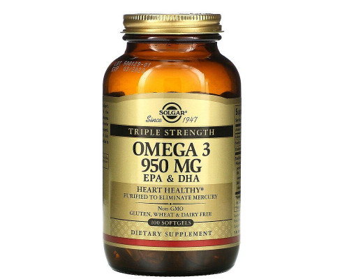 Омега-3, рыбий жир, Omega-3, EPA & DHA, Solgar, тройная сила, 950 мг, 100 гелевых капсул
