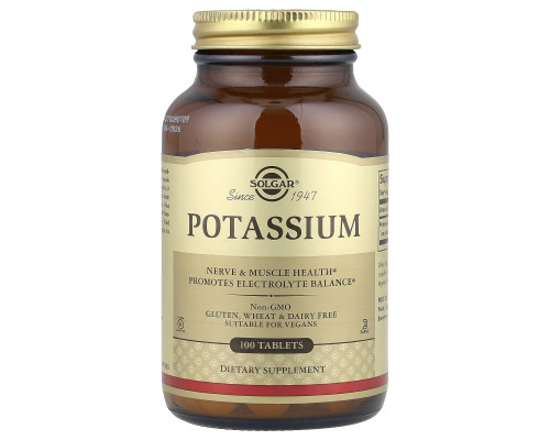 Калій, Potassium, Solgar, 99 мг, 100 таблеток