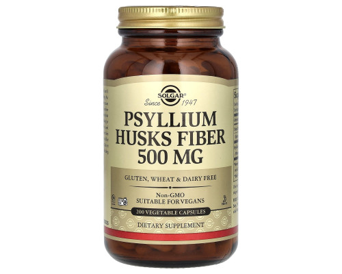 Подорожник, Psyllium Husks Fiber, Solgar, клетчатка шелухи, 500 мг, 200 вегетарианских капсул