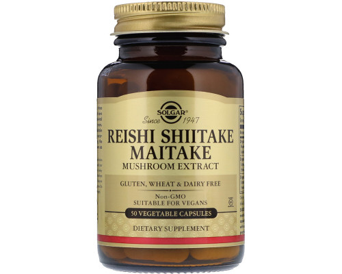 Лечебные грибы рейши, шиитаке и майтаке (Reishi Shiitake Maitake), Solgar, экстракт, 50 капсул