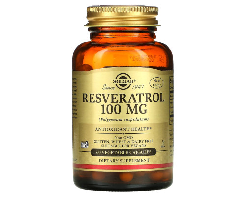Ресвератрол (Resveratrol), Solgar, 100 мг, 60 вегетарианских капсул