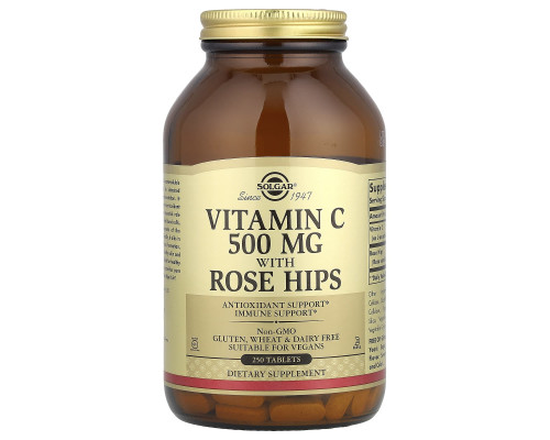 Витамин С с шиповником,  Vitamin C With Rose Hips, Solgar, 500 мг, 250 таблеток