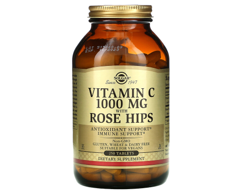 Витамин С с шиповником, Vitamin C with Rose Hips, Solgar, 1000 мг, 250 таблеток