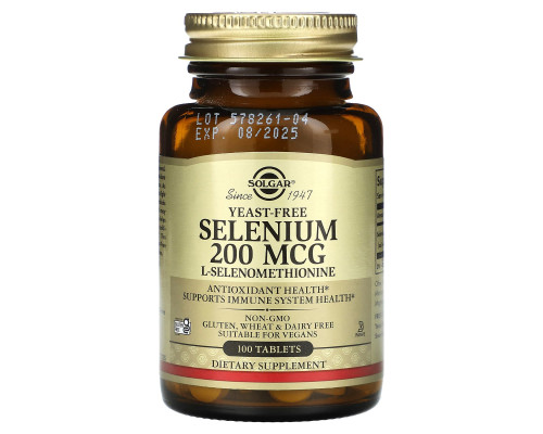 Селен, Selenium, Solgar, без дріжджів, 200 мкг, 100 таблеток