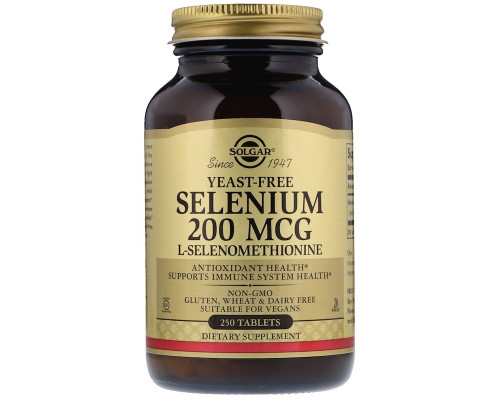 Селен, Selenium, Solgar, без дрожжей, 200 мкг, 250 таблеток