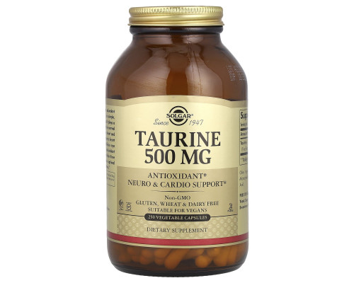 Таурин, Taurine, Solgar, 500 мг, 250 вегетарианских капсул