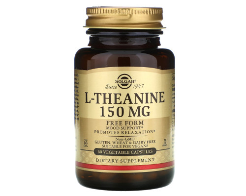 Теанин, L-Theanine, Solgar, свободная форма, 150 мг, 60 вегетарианских капсул