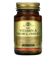Витамин А, Dry Vitamin A, Solgar, 1500 мкг (5000 МЕ), 100 таблеток