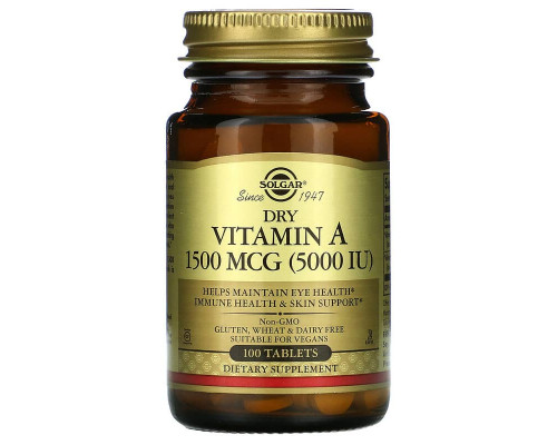 Витамин А, Dry Vitamin A, Solgar, 1500 мкг (5000 МЕ), 100 таблеток