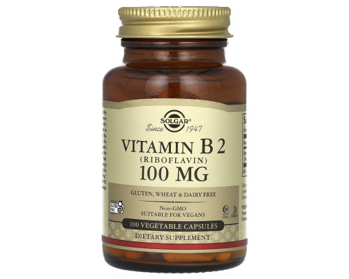 Рибофлавин (витамин В2), Vitamin B2, Solgar, 100 мг, 100 вегетарианских капсул