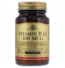 Витамин В12 (цианокобаламин), Vitamin B12, Solgar, 100 мкг, 100 таблеток