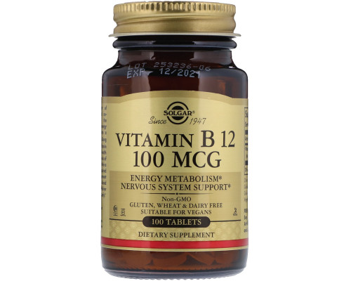 Витамин В12 (цианокобаламин), Vitamin B12, Solgar, 100 мкг, 100 таблеток