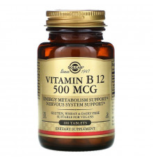 Витамин В12 (цианокобаламин), Vitamin B12, Solgar, 500 мкг, 100 таблеток