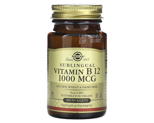 Вітамін В12 сублінгвальний, Vitamin B12 Sublingual, Solgar, ціанокобаламін, 1000 мкг, 100 таблеток