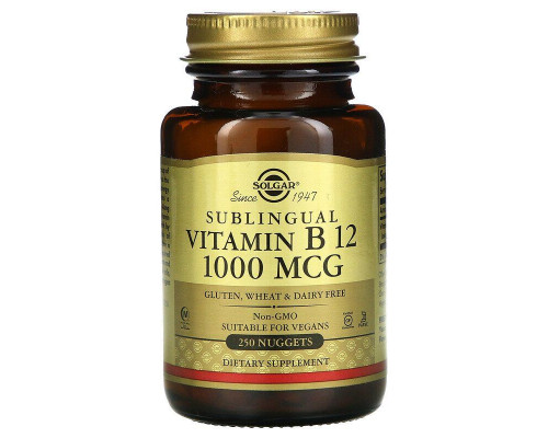 Витамин В12 (цианокобаламин), Vitamin B12, Solgar, сублингвальный, 1000 мкг, 250 таблеток