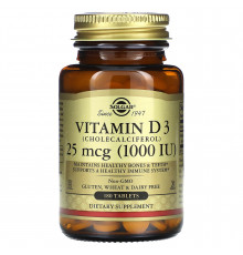 Витамин D3 (холекальциферол), Vitamin D3, Solgar, 25 мкг (1000 МЕ), 180 таблеток