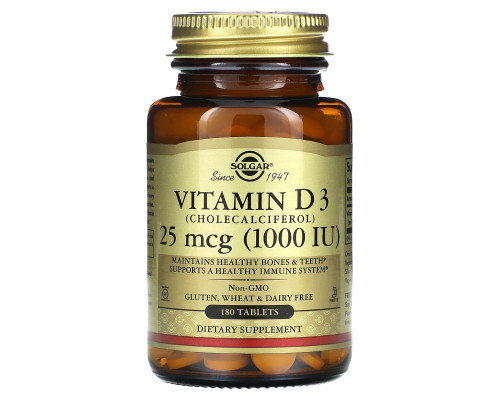 Витамин D3 (холекальциферол), Vitamin D3, Solgar, 25 мкг (1000 МЕ), 180 таблеток
