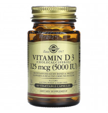 Витамин  Д3, вітамін Д3, Солгар, 125 мкг (5000 МЕ), 60 вегетарианских капсул