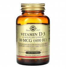 Витамин D3, Vitamin D3, Solgar, 10 мкг (400 МЕ), 100 гелевых капсул