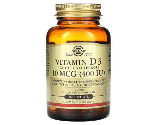 Витамин D3, Vitamin D3, Solgar, 10 мкг (400 МЕ), 100 гелевых капсул