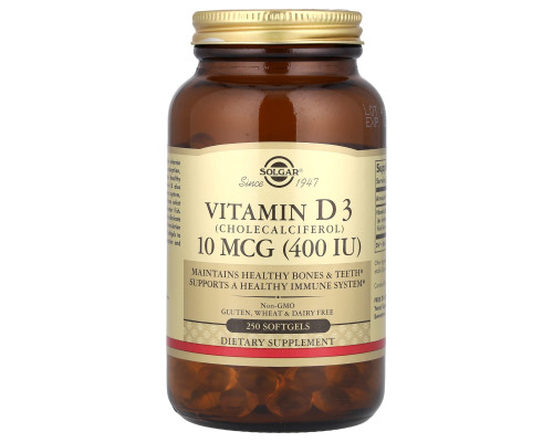 Витамин D3, Vitamin D3, Solgar, 10 мкг (400 МЕ), 250 гелевых капсул