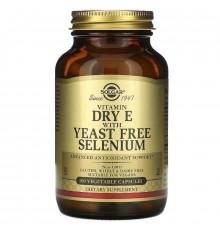 Витамин Е сухой, Vitamin E, Solgar, с селеном без дрожжей, 100 вегетарианских капсул