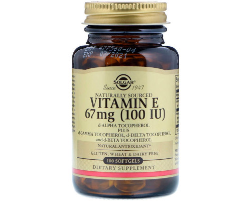 Витамин Е, Vitamin E, Solgar, натуральный, 67 мг (100 МЕ), 100 гелевых капсул
