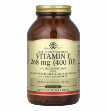 Витамин Е, d-альфа-токоферол плюс d-гамма-токоферол, d-дельта-токоферол и d-бета-токоферол, Vitamin E, Solgar, натуральный, 268 мг (400 МЕ), 250 гелевых капсул