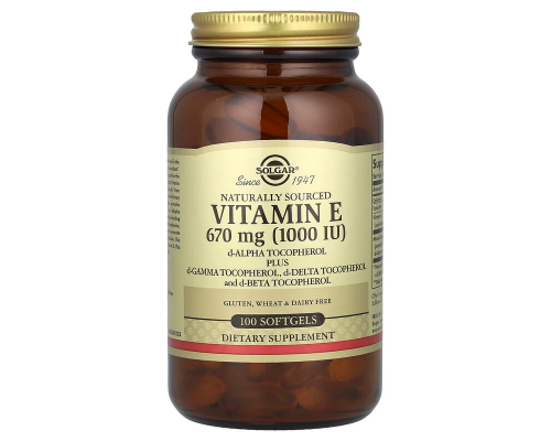 Витамин E, d-альфа-токоферол плюс d-гамма-токоферол, d-дельта-токоферол и d-бета-токоферол, Solgar, 670 мг (1000 МЕ), 100 гелевых капсул