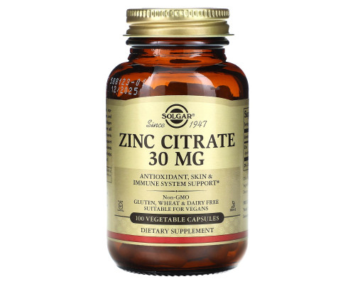 Цитрат цинка, Zinc Citrate, Solgar, 30 мг, 100 капсул