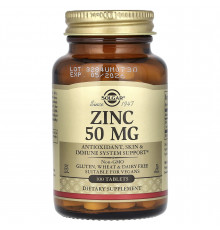 Глюконат цинка, Zinc, Solgar, 50 мг, 100 таблеток