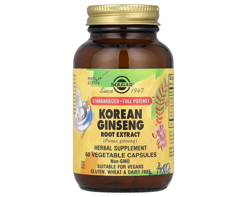 Женьшень корейський, Korean Ginseng, Solgar, екстракт коріння, 60 вегетаріанських капсул