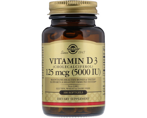 Витамин D3 (холекальциферол), Vitamin D3, Solgar, 125 мкг (5000 МЕ), 100 гелевых капсул