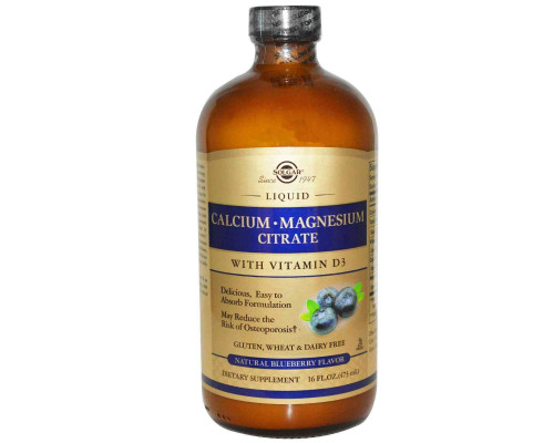 Кальций Магний + Д3, Calcium Magnesium Vitamin D3, Solgar, цитрат, вкус черники, жидкий, 473 мл.