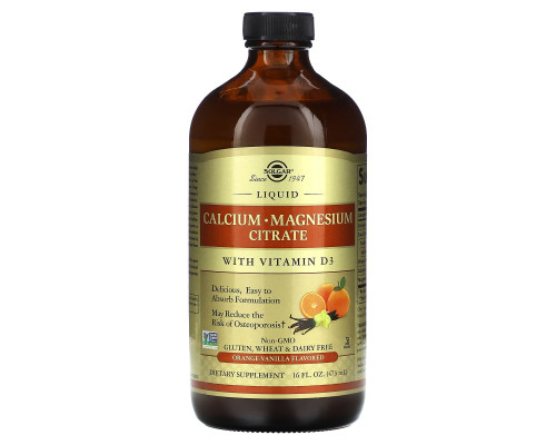 Кальций, магний, D3, Calcium Magnesium Vitamin D3, Solgar, апельсин, ваниль, цитрат, жидкий, 473 мл