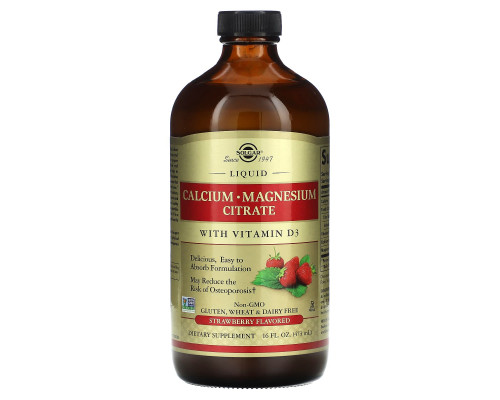 Кальций магний D3, Calcium Magnesium Citrate with Vitamin D3, Solgar, цитрат, вкус клубники, жидкий, 473 мл.