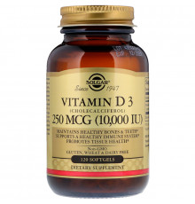 Витамин D3 (холекальциферол), Vitamin D3, Solgar, 250 мкг (10000 МЕ), 120 гелевых капсул
