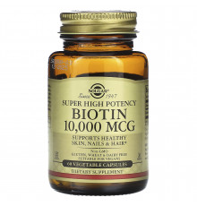 Биотин, Biotin, Super High Potency, Solgar, сверхвысокая эффективность, 10000 мкг, 60 капсул