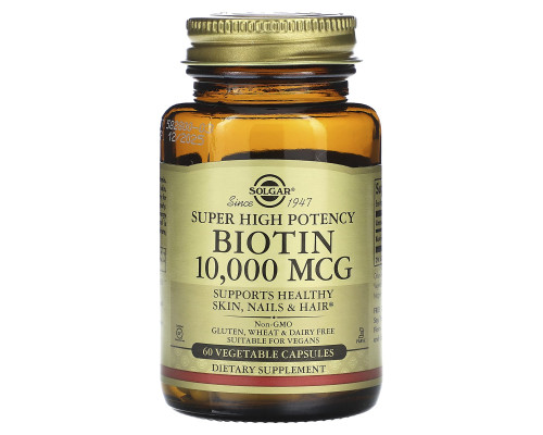 Биотин, Biotin, Super High Potency, Solgar, сверхвысокая эффективность, 10000 мкг, 60 капсул